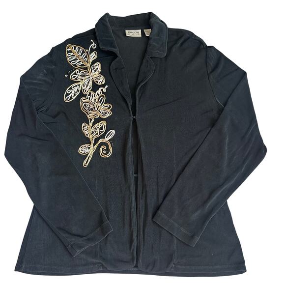 Chico's Travelers Black, Embroidered Gold Design, Collared, Cardigan- 2(L) - Picture 1 of 8